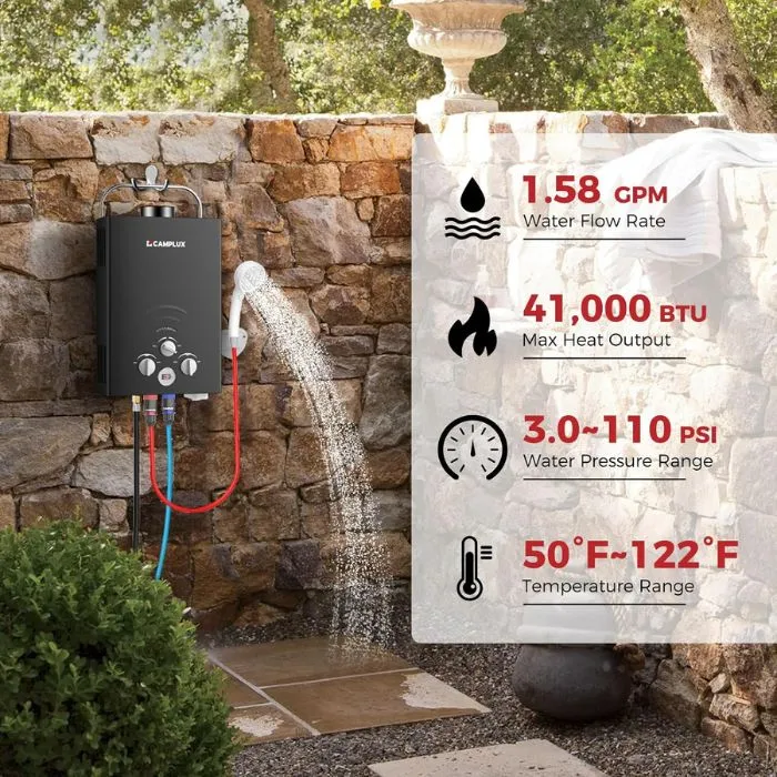 Camplux BW158B chauffe-eau gaz portable 6 L noir instantané