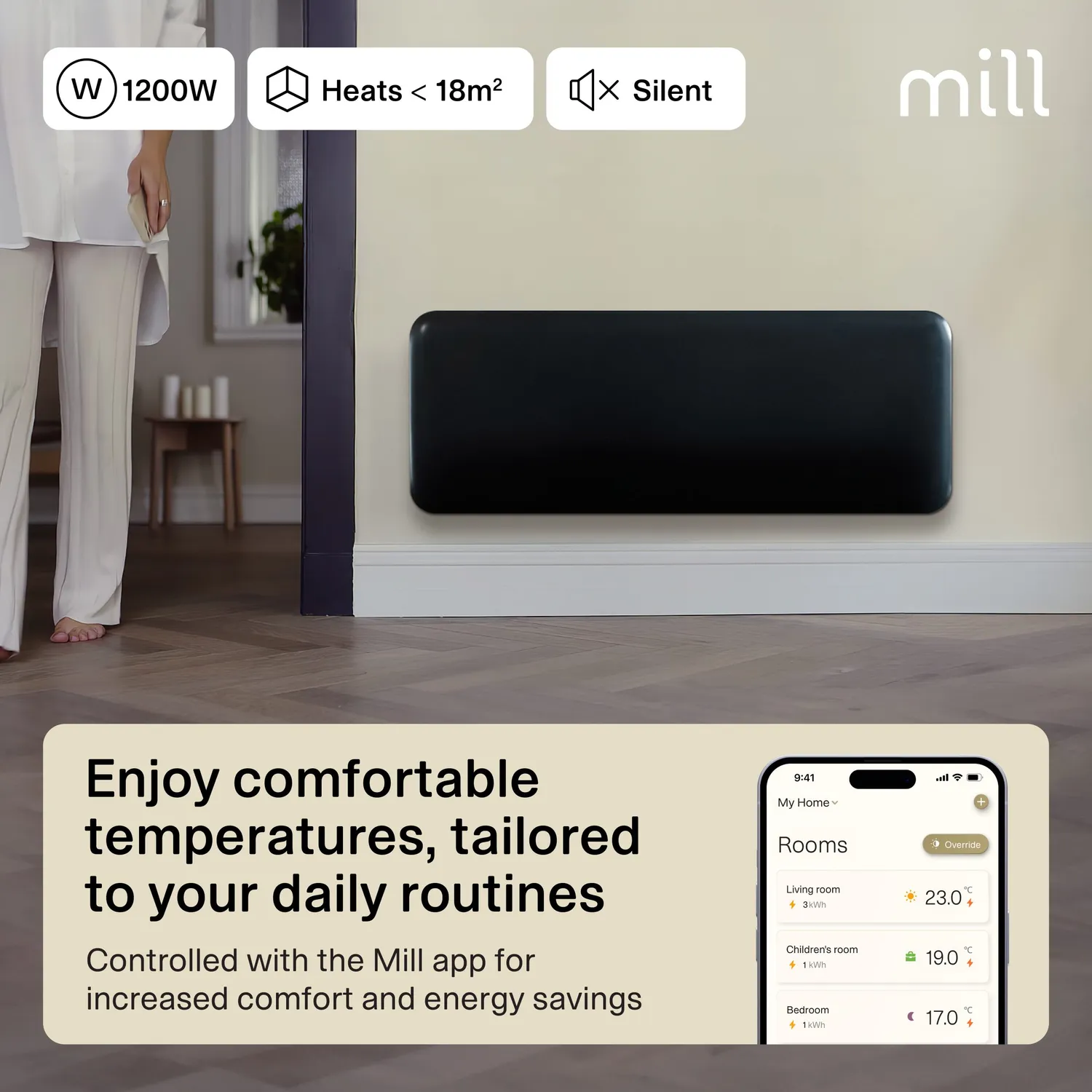 Mill Invisible Radiateur Panneau 1200W Noir Gen 4 WiFi