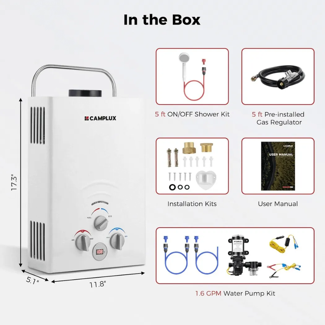 Camplux BW158P60 chauffe-eau portable 6L propane avec pompe