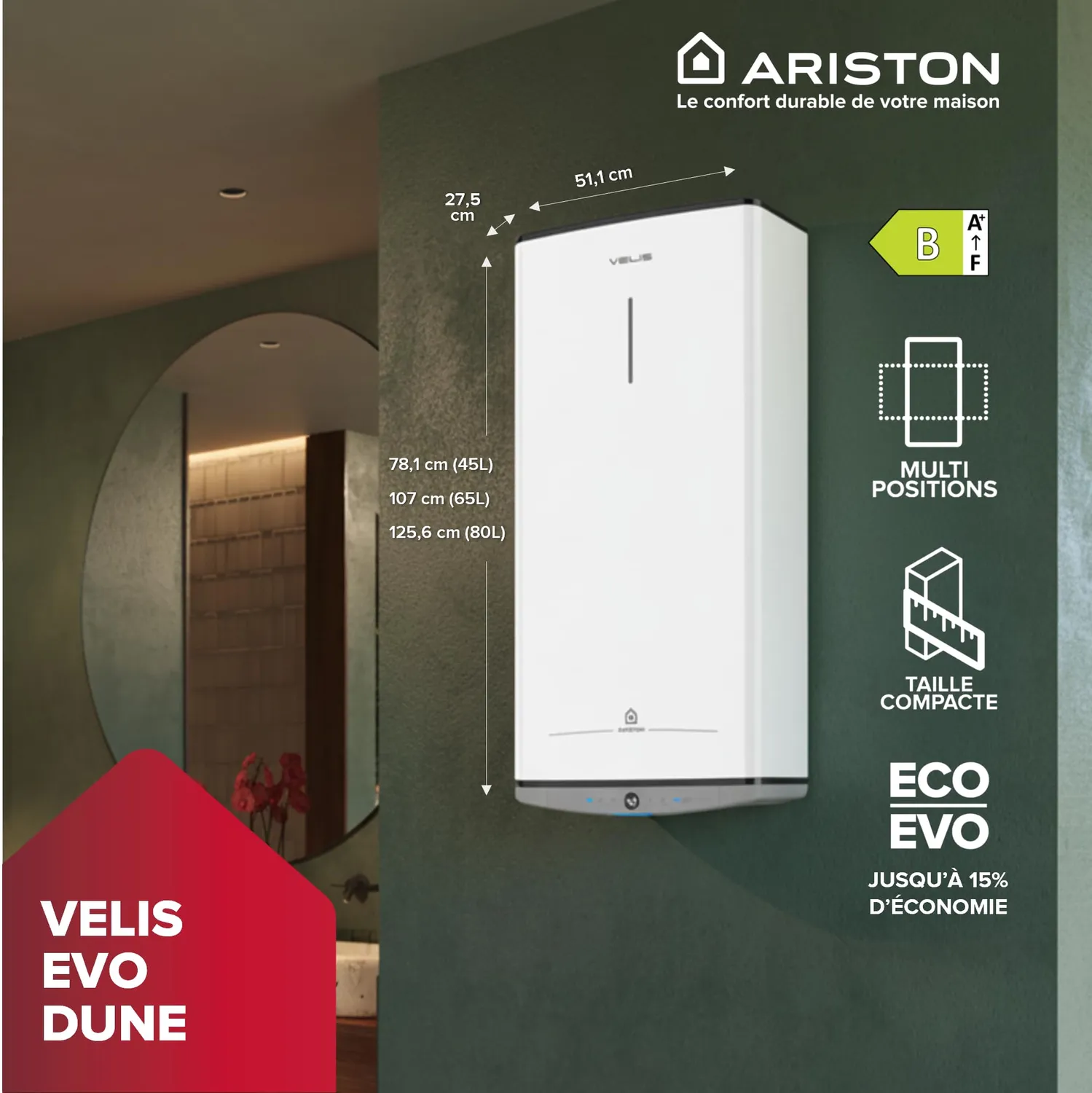 Ariston Hotpoint Velis Dune chauffe-eau plat 65L design italien