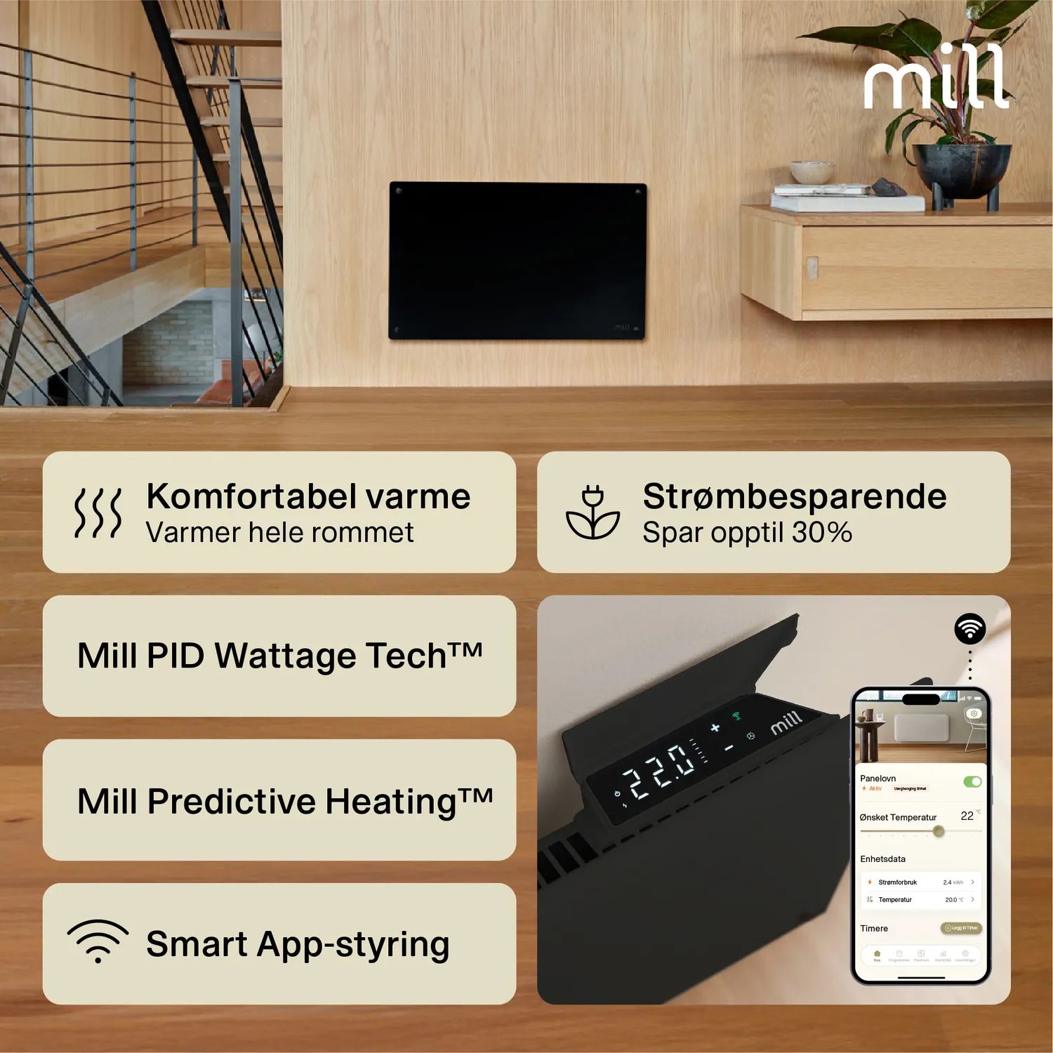 Mill Glass Gen.4 radiateur panneau verre noir WiFi 600W compact