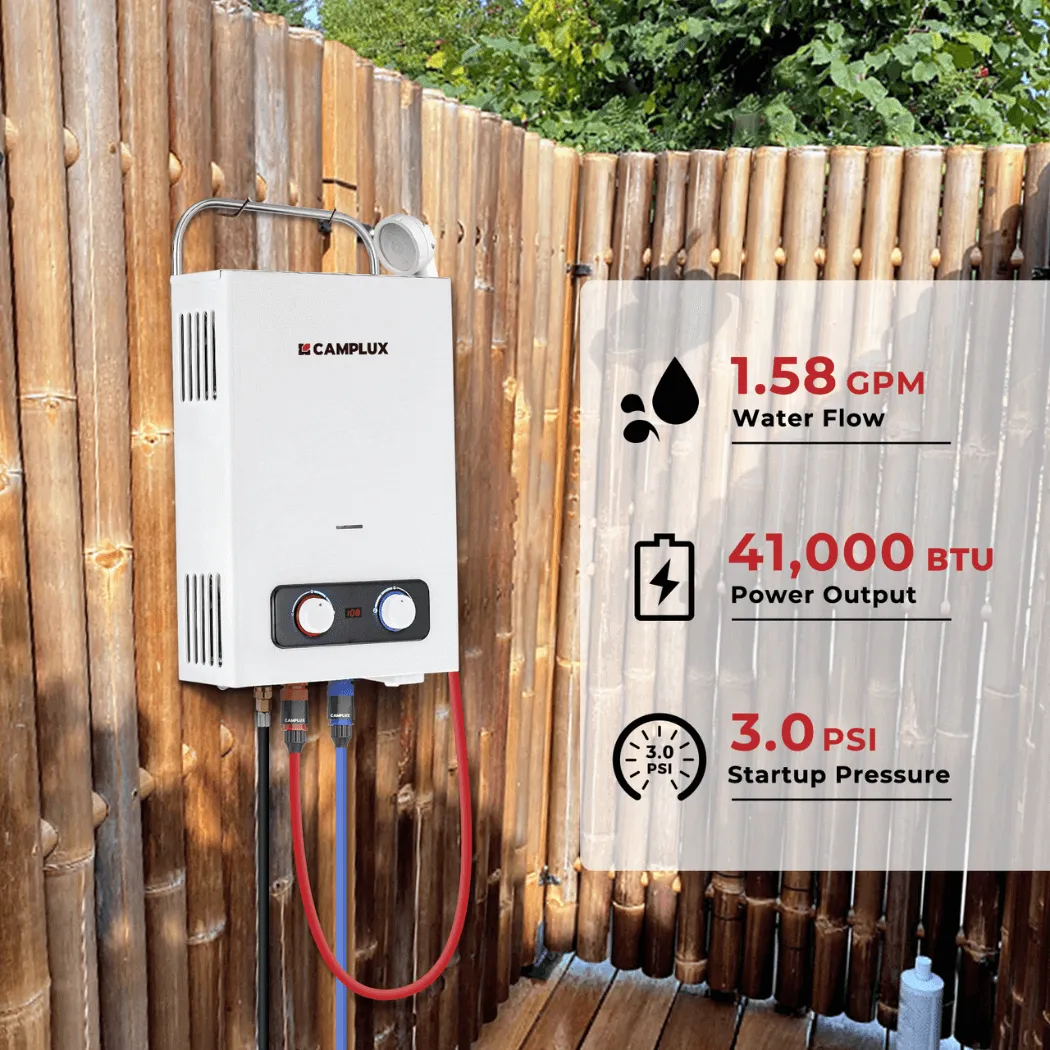 Camplux chauffe-eau gaz portable 1,58 GPM blanc compact