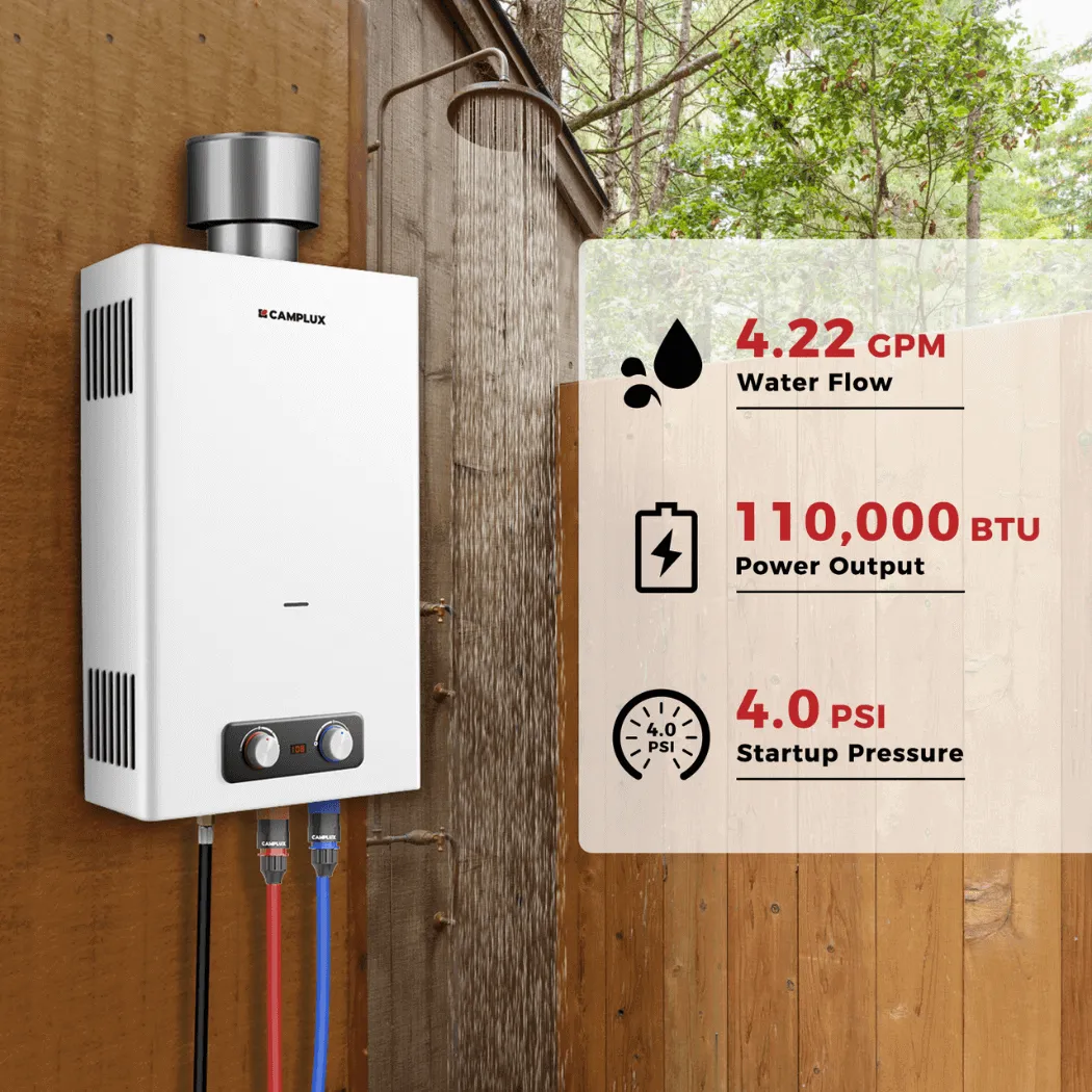 Camplux BD422C Chauffe-Eau Gaz Propane 16L + Pare-Pluie Inox