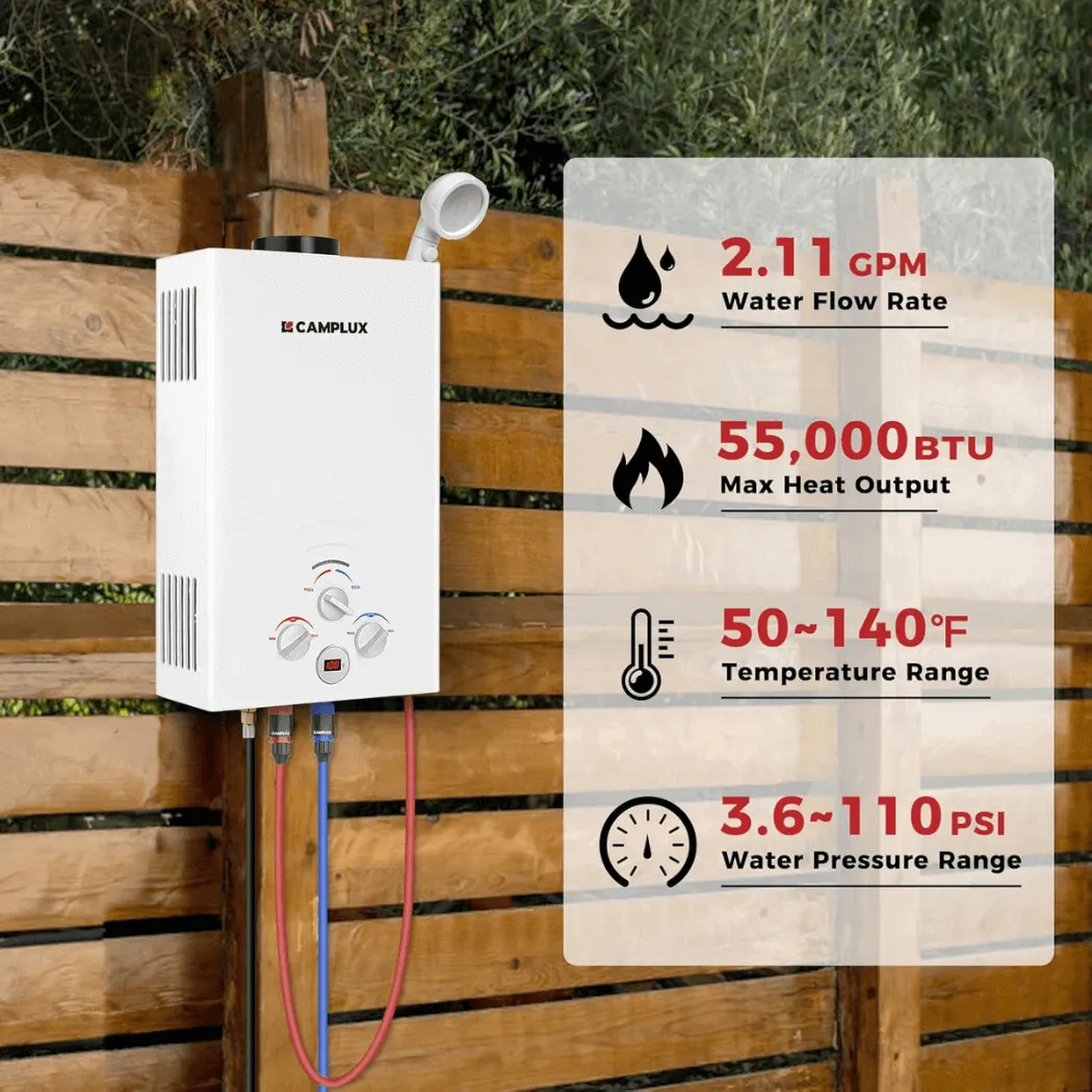 Camplux 2,11 GPM chauffe-eau gaz portable extérieur blanc