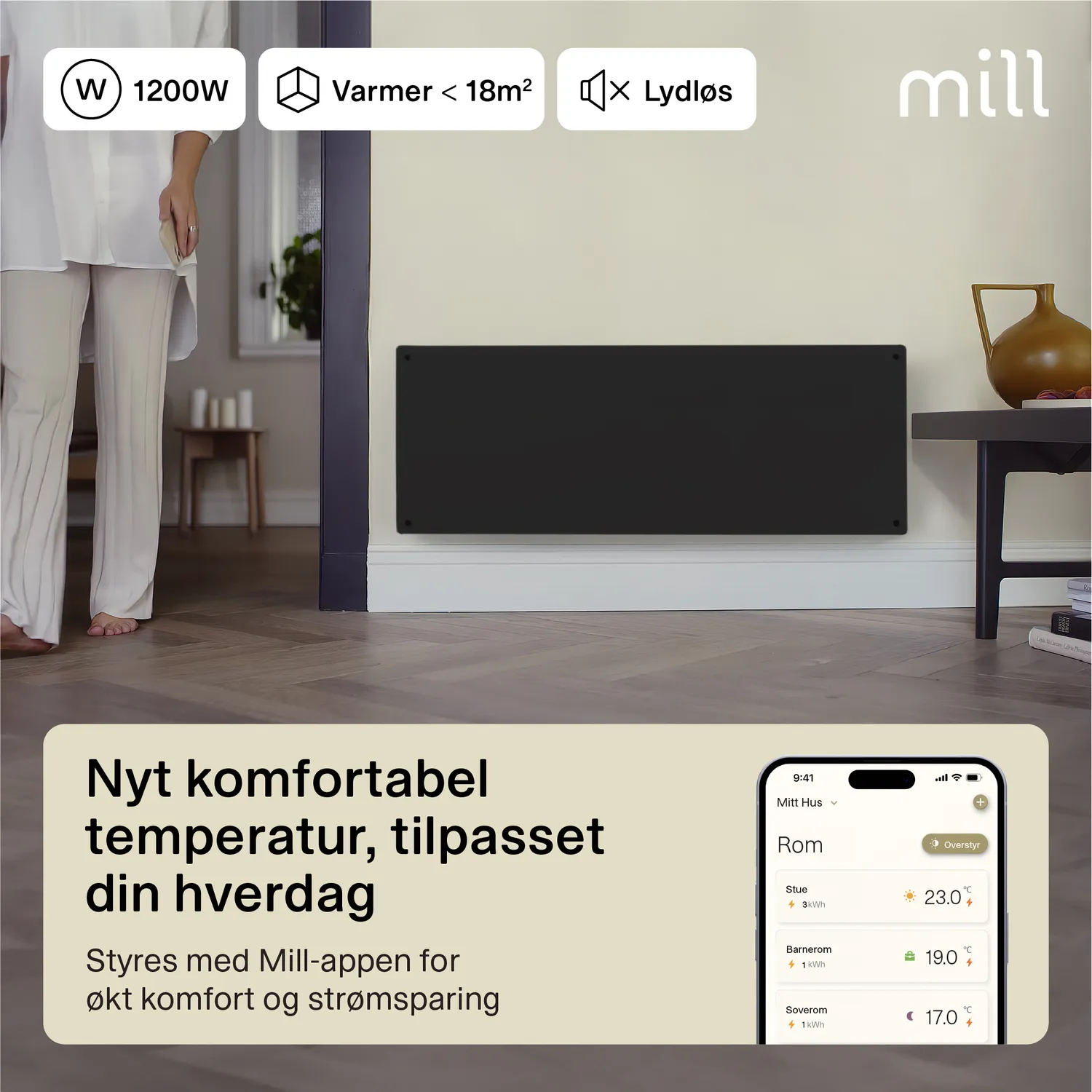 Mill Glass Gen 4 radiateur panneau verre 1200W noir connecté